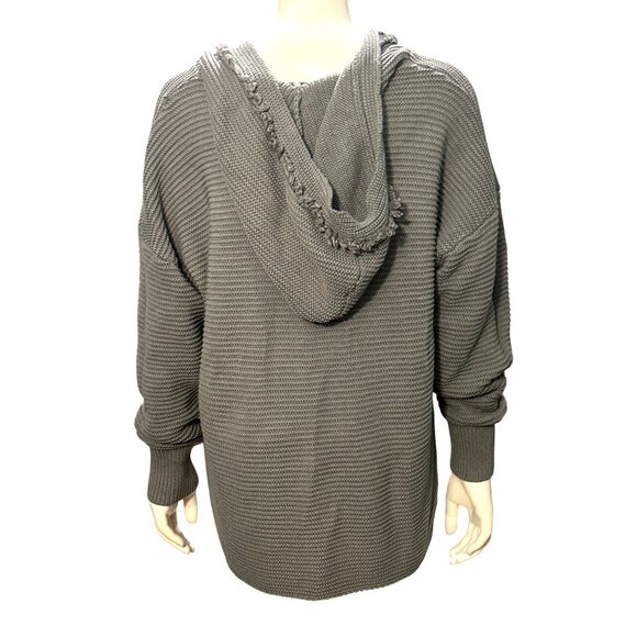 CCC Long Sleeve Hoodie Ribbed Cozy Gray Knit Pullover Sweater Fringed V Neck LG - Picture 5 of 10